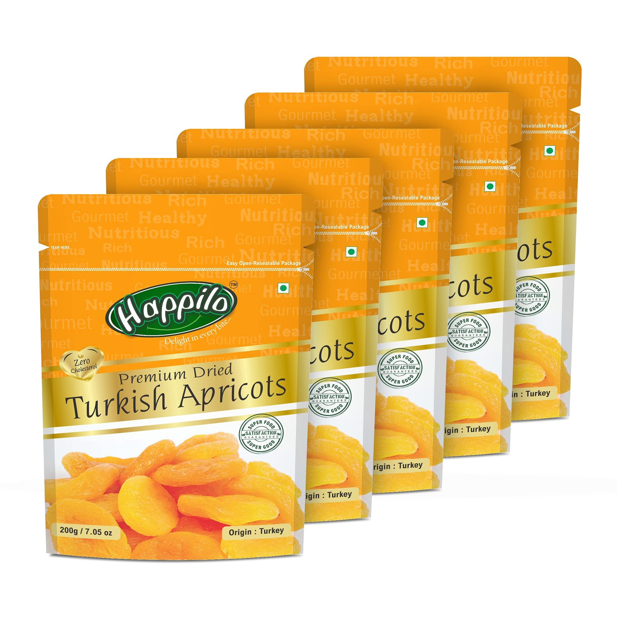 Happilo Premium Dried Turkish Apricots 200g each (Pack of 5), Jumbo Size Seedless, Juicy and Tangy Dehydrated Fruits