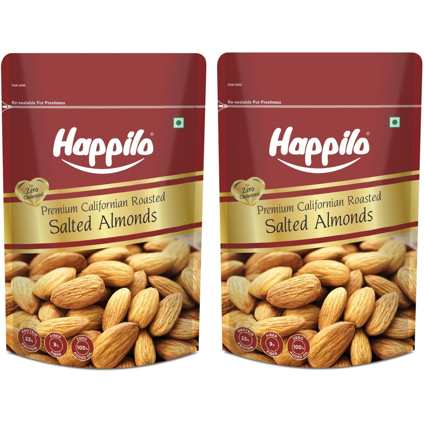 Happilo Premium Californian Almonds Roasted & Salted 200 g (Pack of 2) | Badam Giri Dry Fruit | High Protein Snack & Super Healthy Crunchy Nuts | Freshly Roasted & Lightly Salted