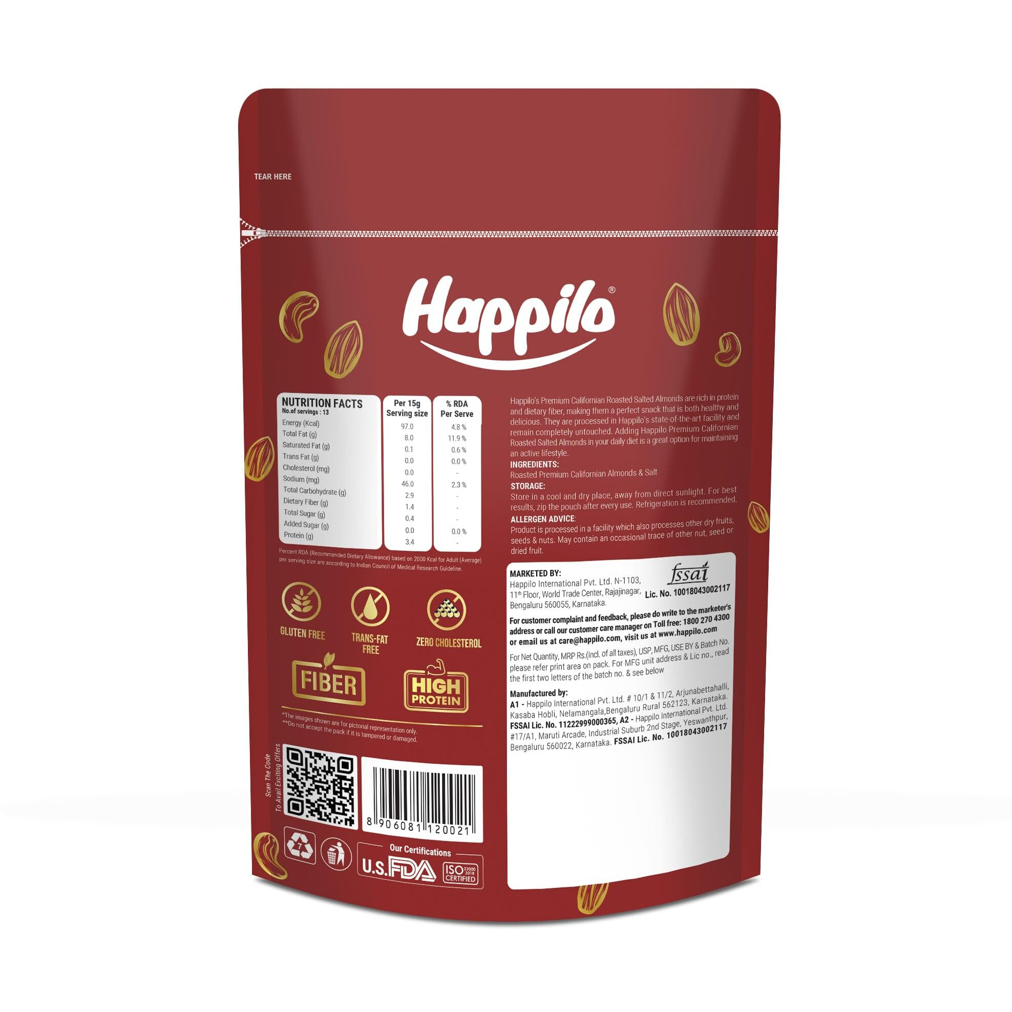 Happilo Premium Californian Almonds Roasted & Salted 200 g (Pack of 2) | Badam Giri Dry Fruit | High Protein Snack & Super Healthy Crunchy Nuts | Freshly Roasted & Lightly Salted