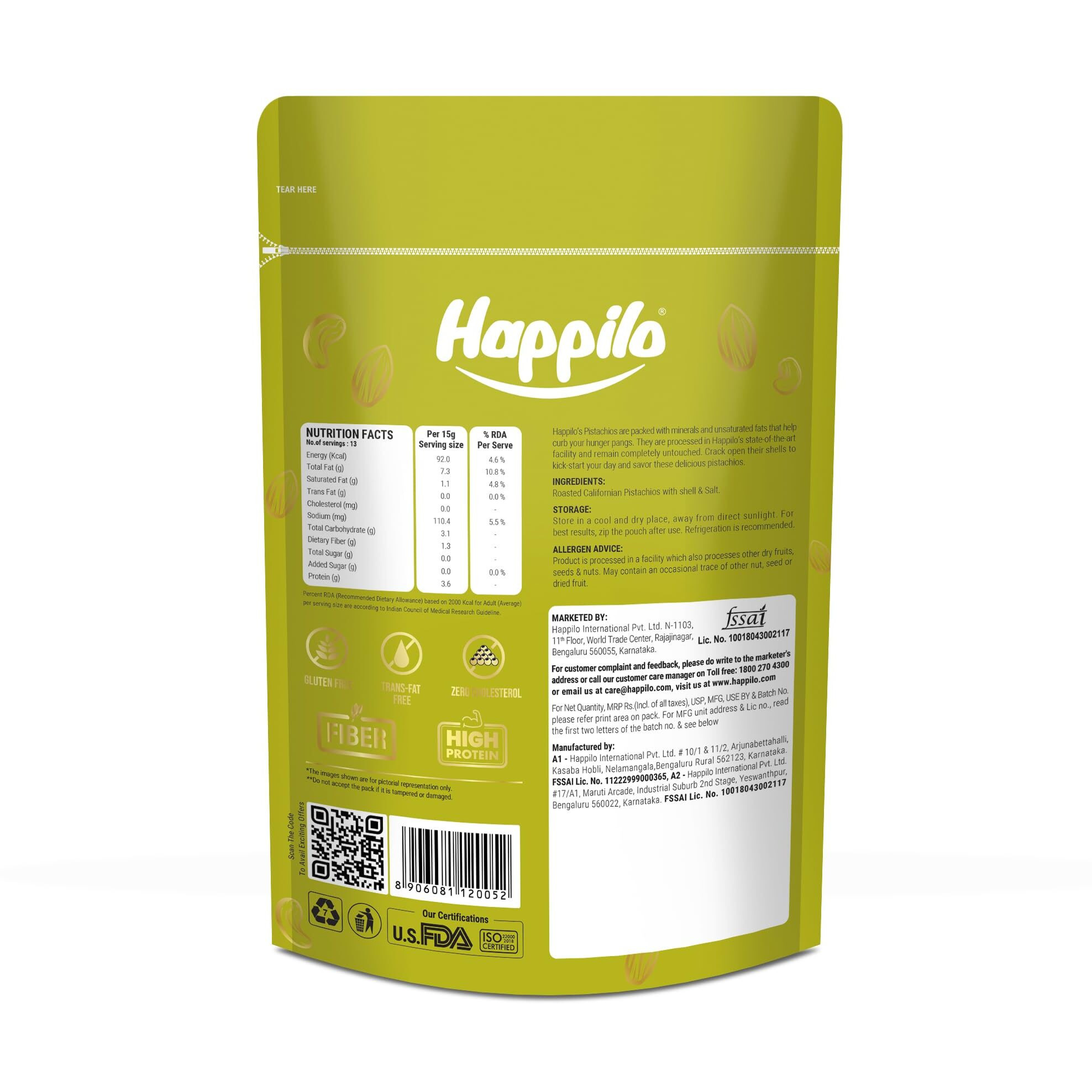 Happilo Premium Californian Roasted & Salted Pistachios 200 g (Pack of 2) | Pista Dry Fruit, Shelled Nuts Super Crunchy & Delicious Healthy Snack | Vitamins & Minerals Rich