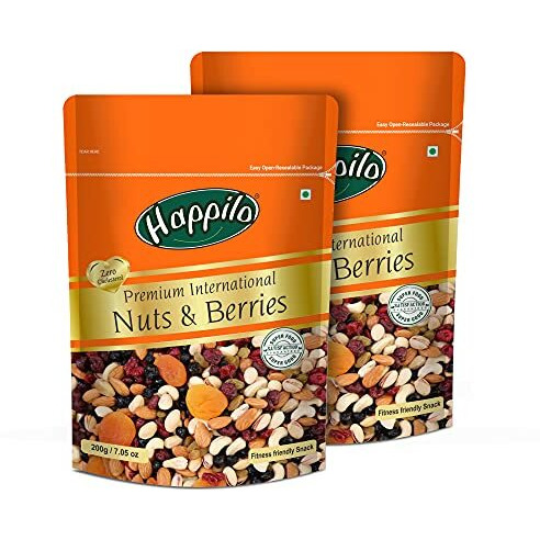 HappiloPremium International Nuts and Berries 200g (Pack of 2) | 100% t Real Nuts & Dried Fruits | Low in Fat, Calories | Rich source of Folic Acid, Calcium | Assorted Nuts Mix
