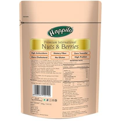 HappiloPremium International Nuts and Berries 200g (Pack of 2) | 100% t Real Nuts & Dried Fruits | Low in Fat, Calories | Rich source of Folic Acid, Calcium | Assorted Nuts Mix