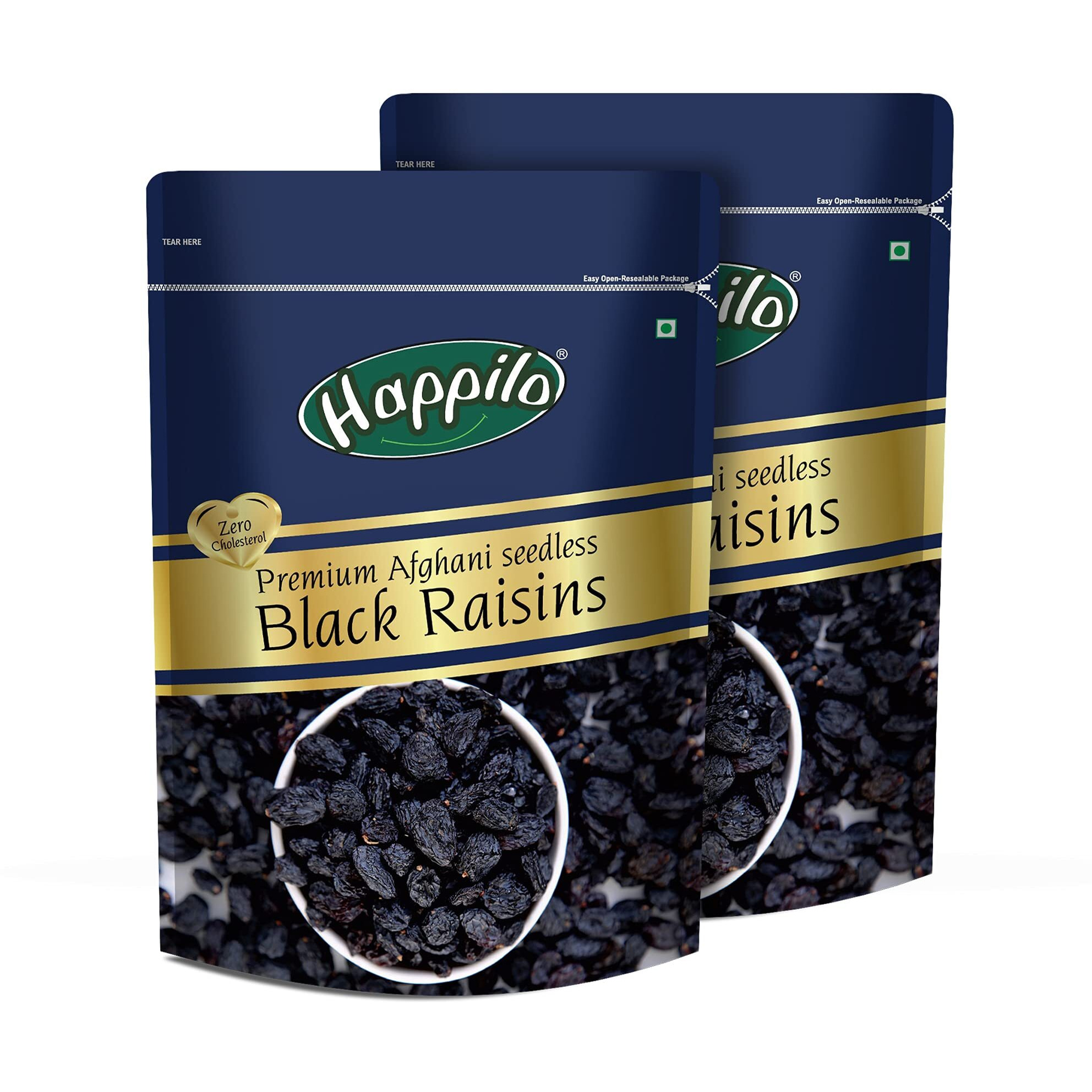 HappiloPremium Afghani fresh Seedless Black Raisins, 250gm (Pack of 2)