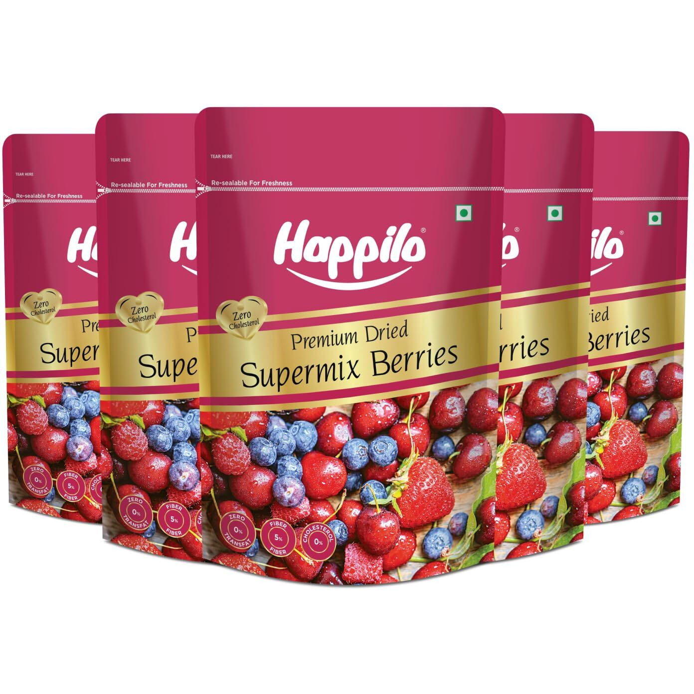 Happilo Premium Dried Super Mix Berries 200gm (Pack of 5) | Tasty & Healthy Berries | Rich in Antioxidant| Contains Dried Strawberries, Cranberries, Cherry & Raisins Mix | Real Dried Berries