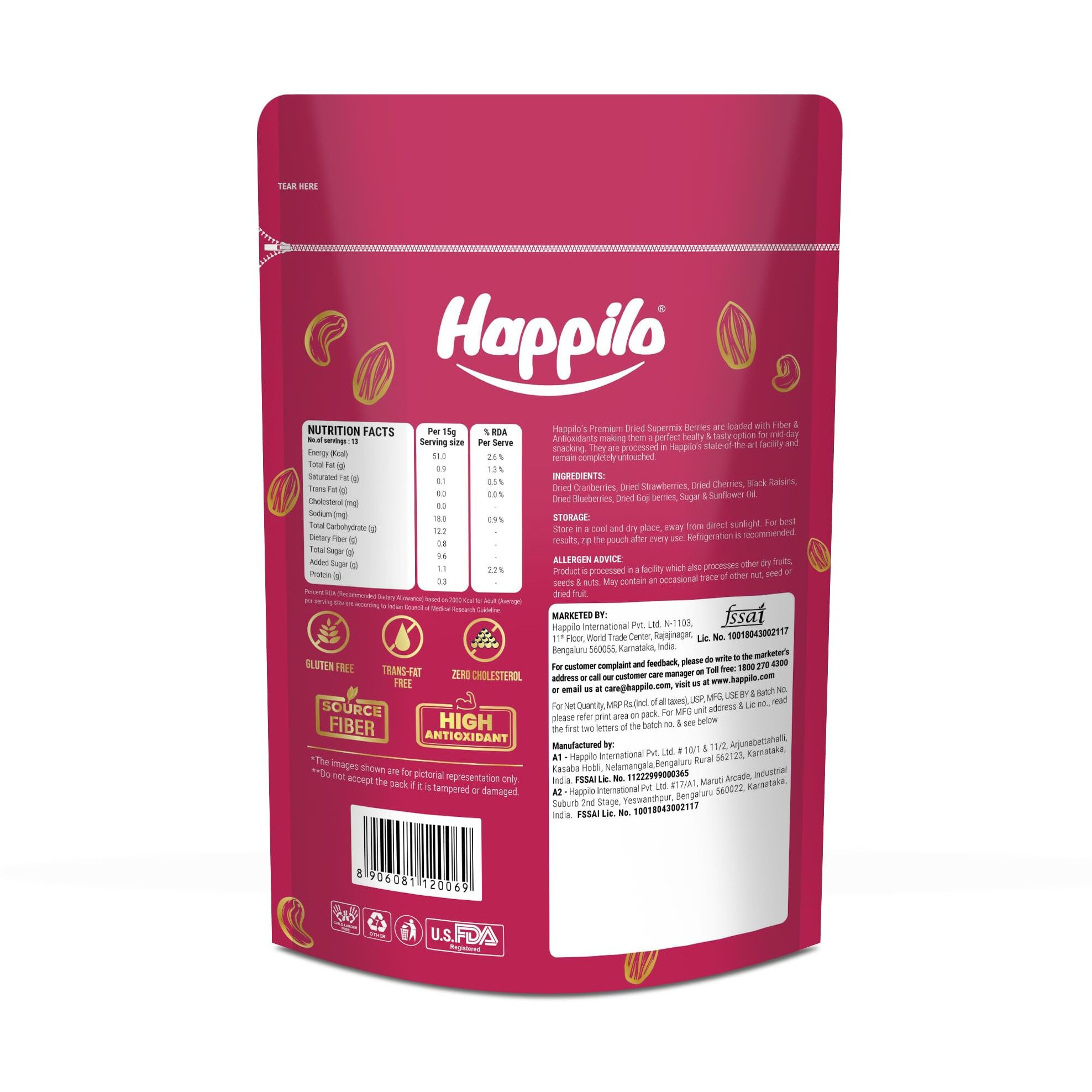 Happilo Premium Dried Super Mix Berries 200gm (Pack of 5) | Tasty & Healthy Berries | Rich in Antioxidant| Contains Dried Strawberries, Cranberries, Cherry & Raisins Mix | Real Dried Berries