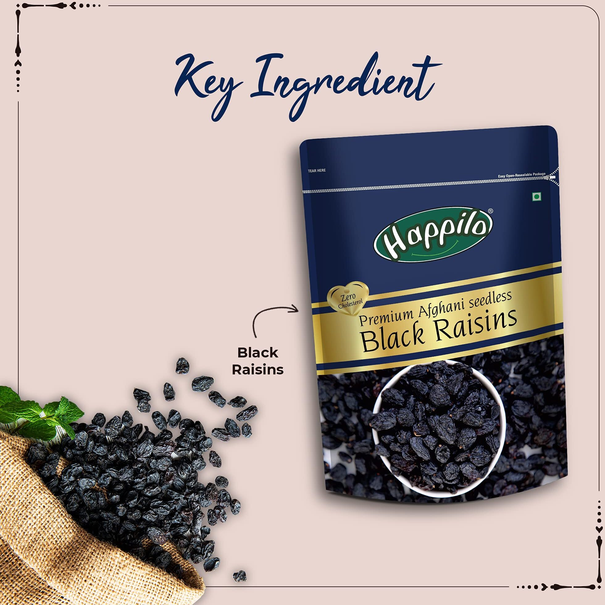 Happilo Premium Afghani Seedless Black Raisins 250 g (Pack of 5)| Kali Kishmish | Munakka Dry Fruits | Delicious & Healthy Snack | High in Antioxidants