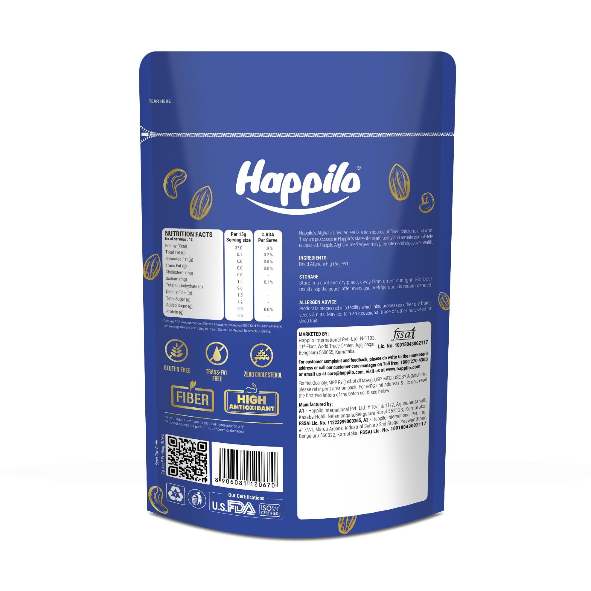 Happilo Premium Dried Afghani Anjeer 200g each (Pack of 2), Dry Figs for Weight Management, Digestion, Immunity, Good Health & Rich in Dietary Fiber