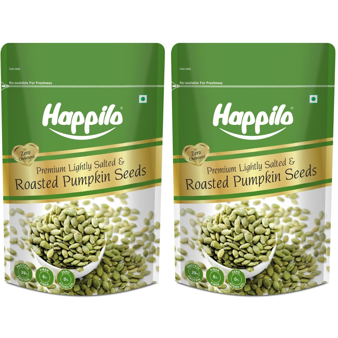 Happilo Premium Roasted Pumpkin Seeds for Eating 200g each (Pack of 2), Lightly Salted for Healthy Diet, Immunity Booster and Fiber Rich Superfood