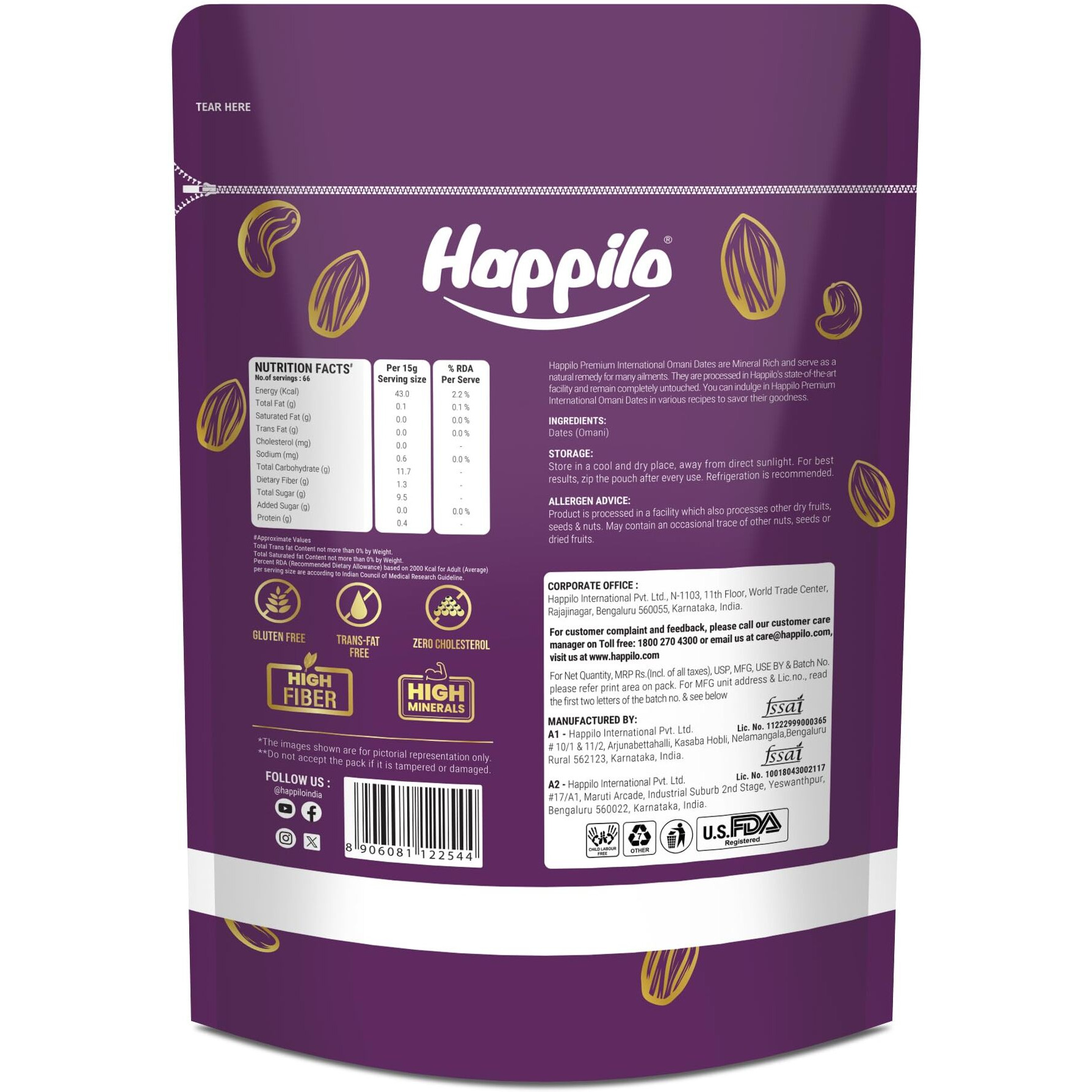 Happilo Premium International Omani Dates 680g Value Pack | Khajoor or Khajur Dry Fruit | Healthy & Nutritious Snack | Rich in Protein & Vitamins | Natural Sweetner