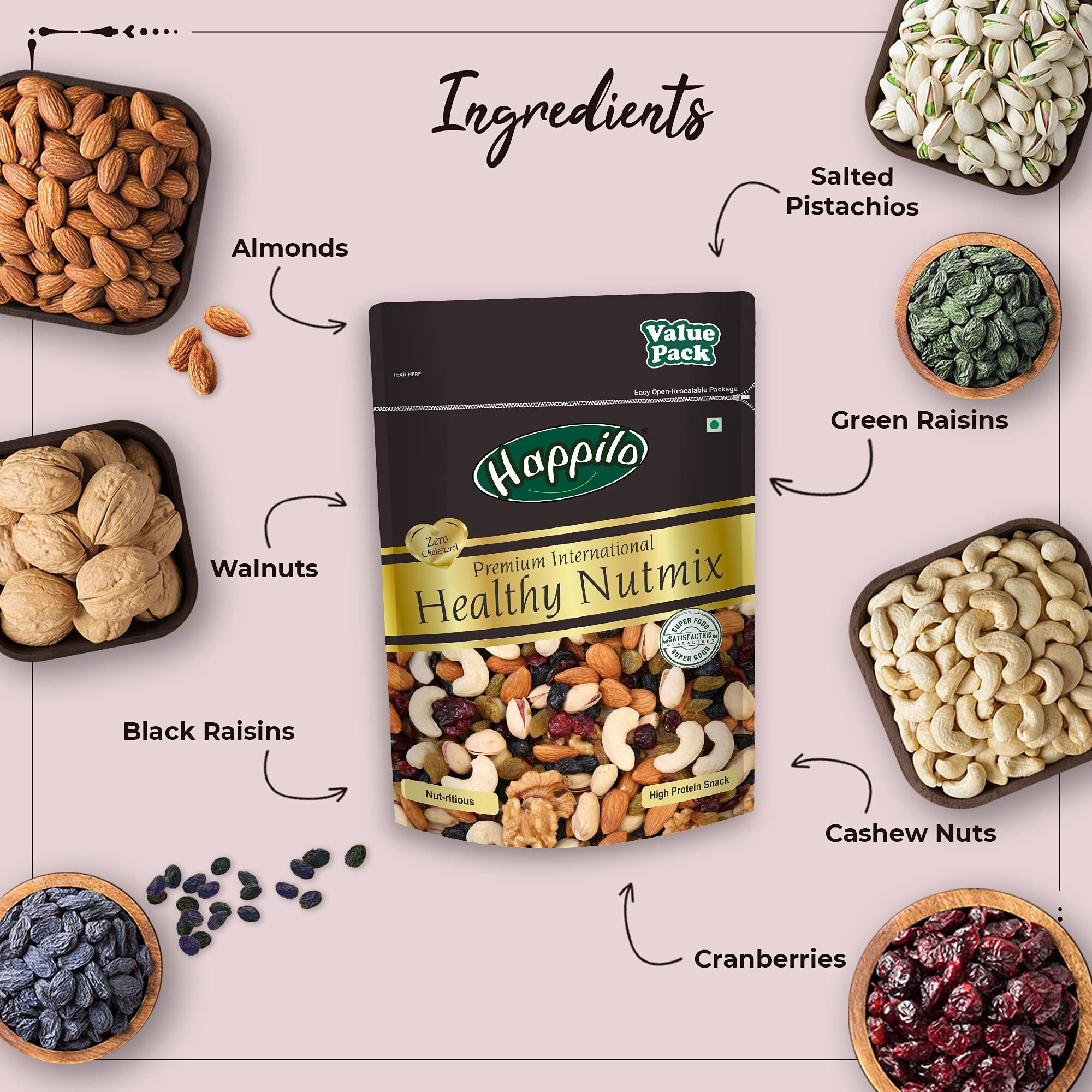 Happilo Premium International Healthy Nutmix 350g Value Pack Almonds, Black Raisins, Cashewnuts, Cranberries, Green Raisins, Pistachio Kernels & Walnut Kernels