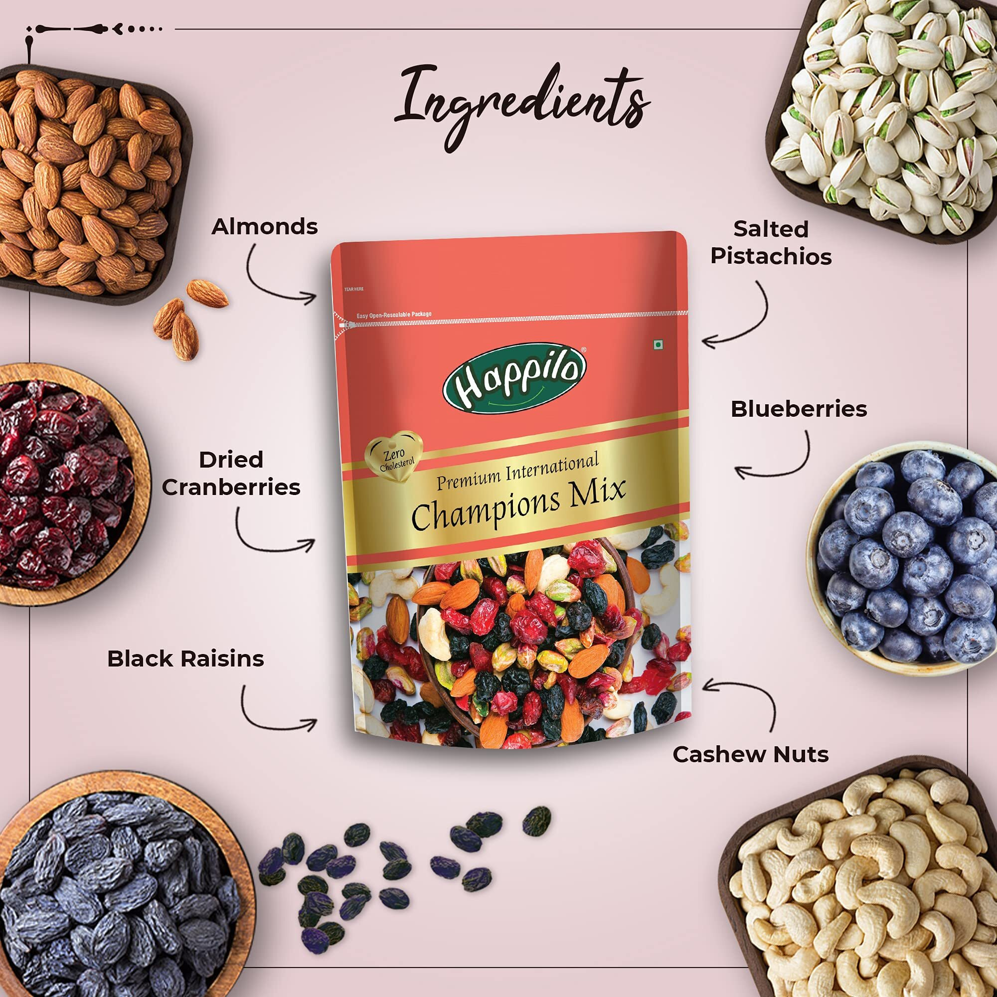 Happilo Premium International Champion Mix, 160 g Cranberries, Blueberries, Cashew, Almonds, Pistachios and Raisins