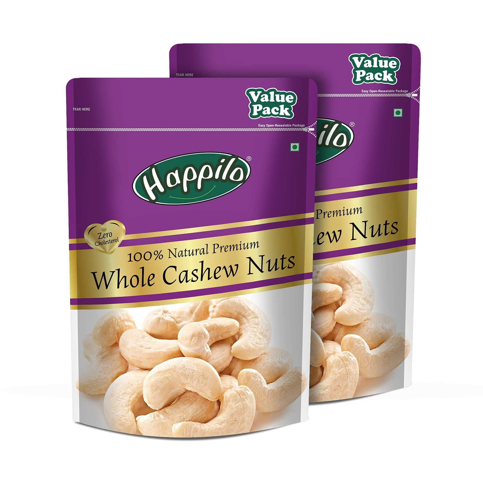 Happilo Premium Whole Cashew Nuts, Nutritious Dry Fruit, Healthy Snacks - Rich in Nutrients, Protein, Fiber, Vitamins 1kg (Pack of 2)