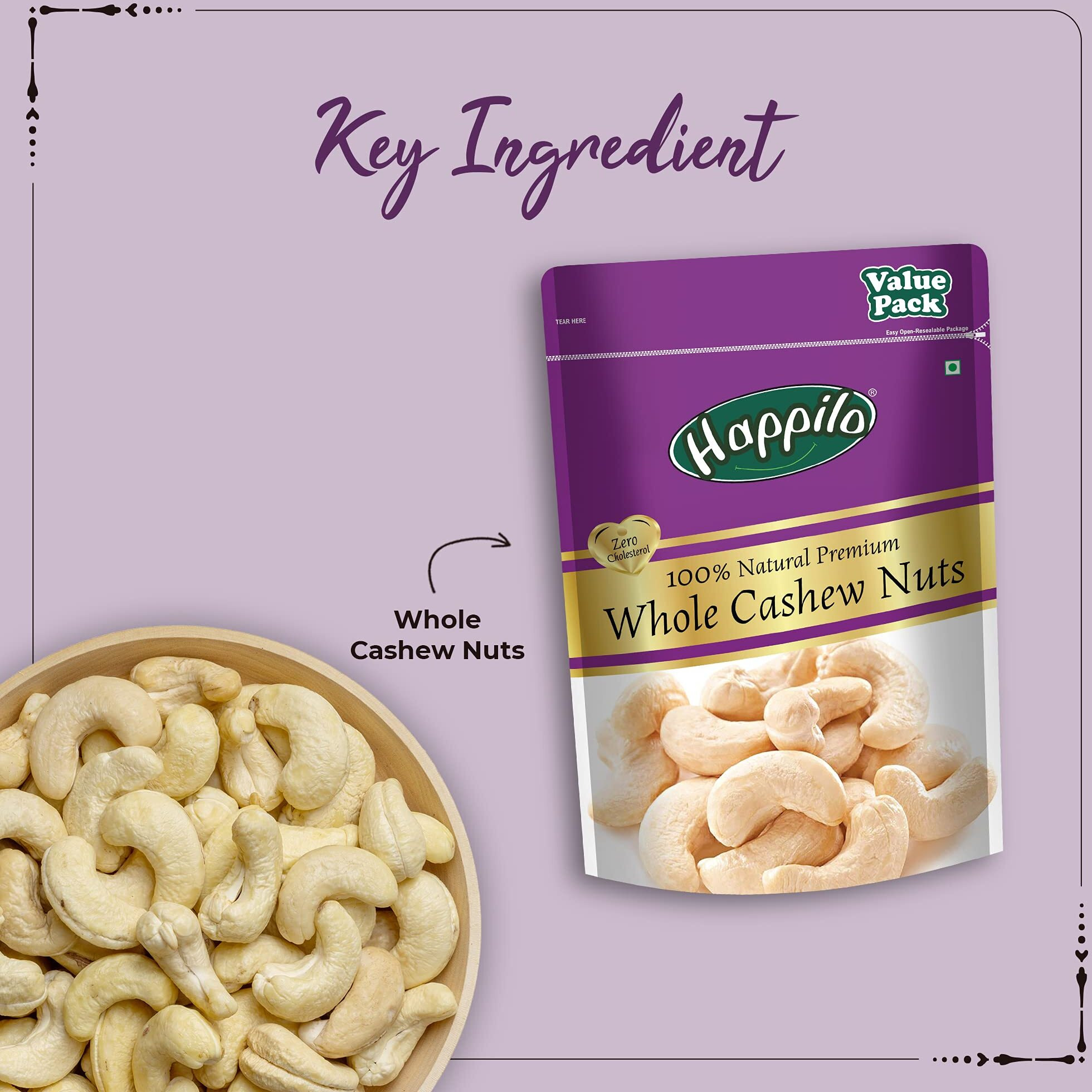 Happilo Premium Whole Cashew Nuts, Nutritious Dry Fruit, Healthy Snacks - Rich in Nutrients, Protein, Fiber, Vitamins 1kg (Pack of 2)