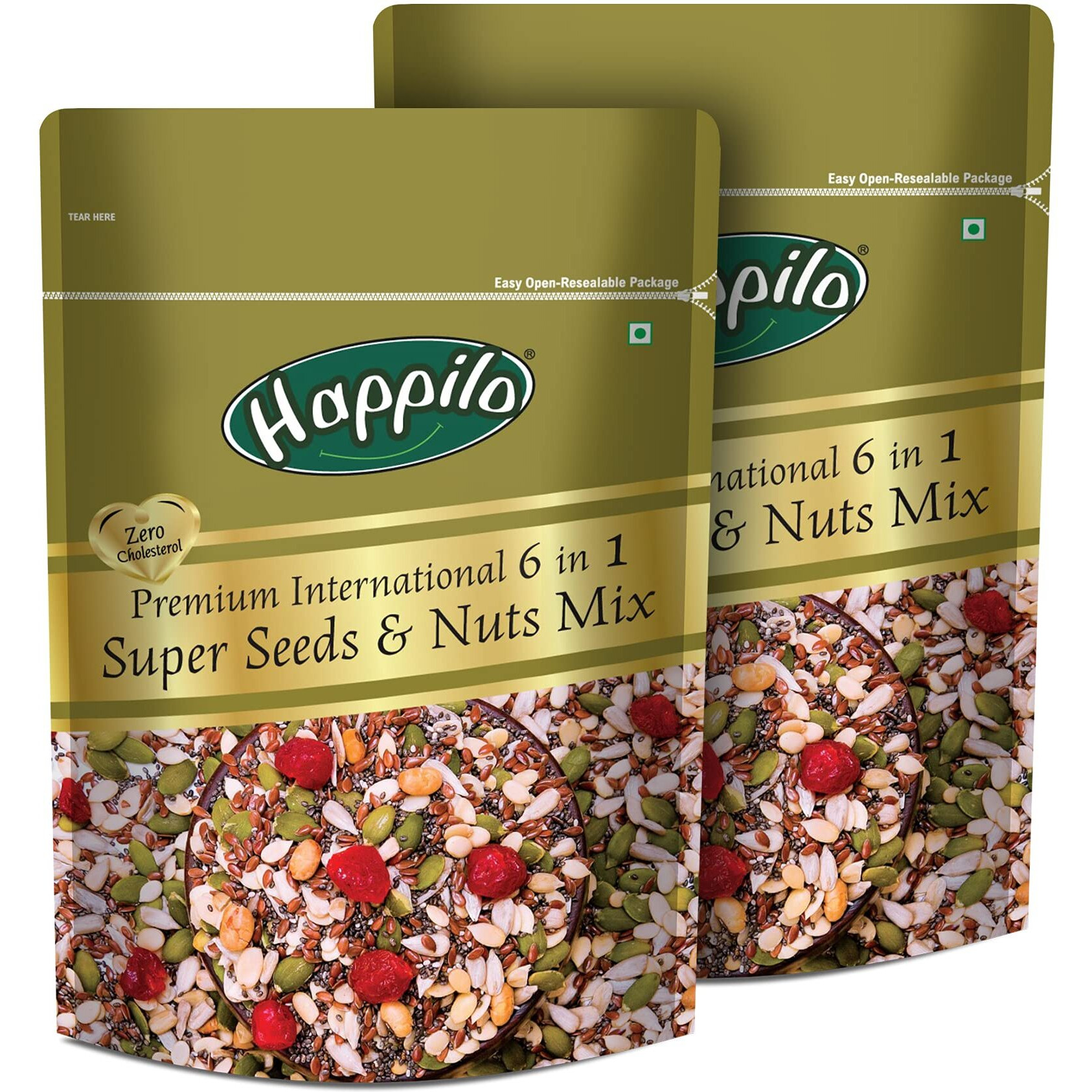 Happilo Premium 6 in 1 Super Seeds & Nuts Mix 250g (Pack of 2), Roasted Pumpkin Seeds, Flax Seeds, Watermelon Seeds, Chia Seeds, Soy Nut, Diet Snacks, Super Healthy Food, 27% Protein