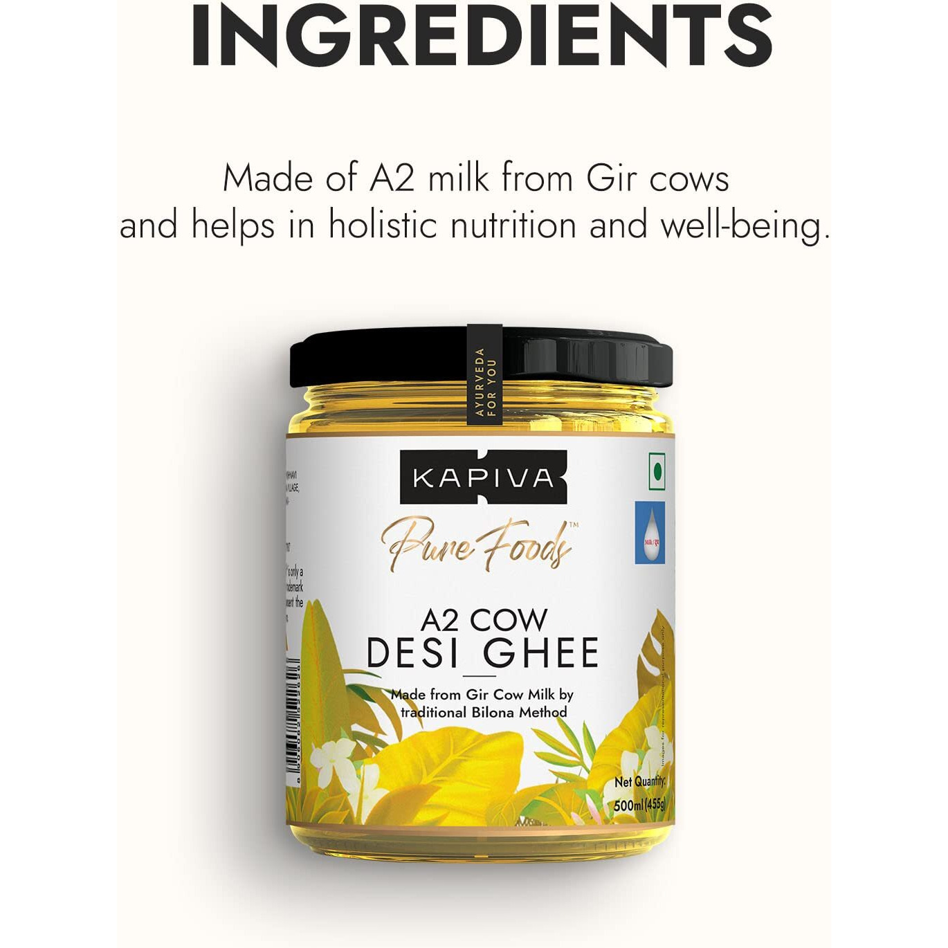 Kapiva A2 Cow Desi Ghee 500 millilitre | 100% Desi Gir Cow Ghee | A2 milk certified Ghee | Vedic Bilona Method, Curd-Churned | Pure, Natural, Healthy | Grassfed, Cultured, Premium & Traditional Ghee