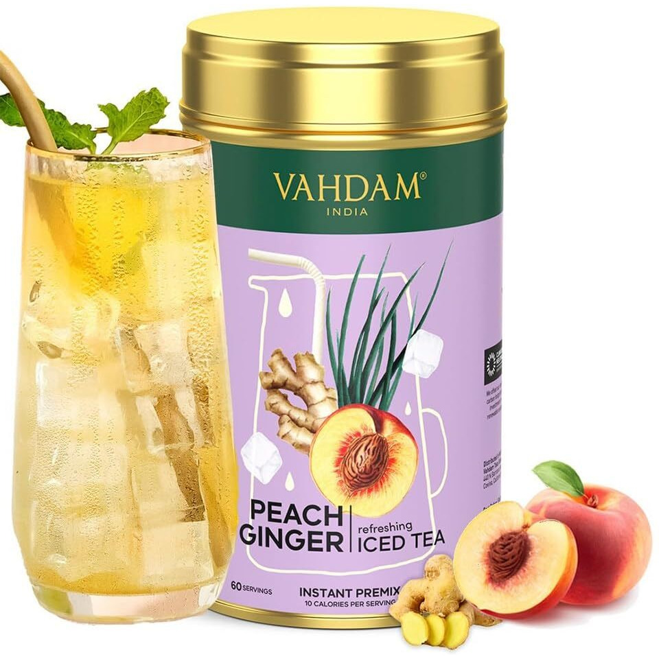Peach Ginger Iced Tea Instant Premix (150g/5.29oz) 60 Servings | Lightly Sweetened Iced Tea | Fruity Peach & Zingy Ginger | Best for Mocktails & Cocktails | Packed in Tin Caddy | VAHDAM