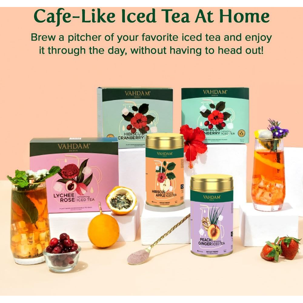 Peach Ginger Iced Tea Instant Premix (150g/5.29oz) 60 Servings | Lightly Sweetened Iced Tea | Fruity Peach & Zingy Ginger | Best for Mocktails & Cocktails | Packed in Tin Caddy | VAHDAM