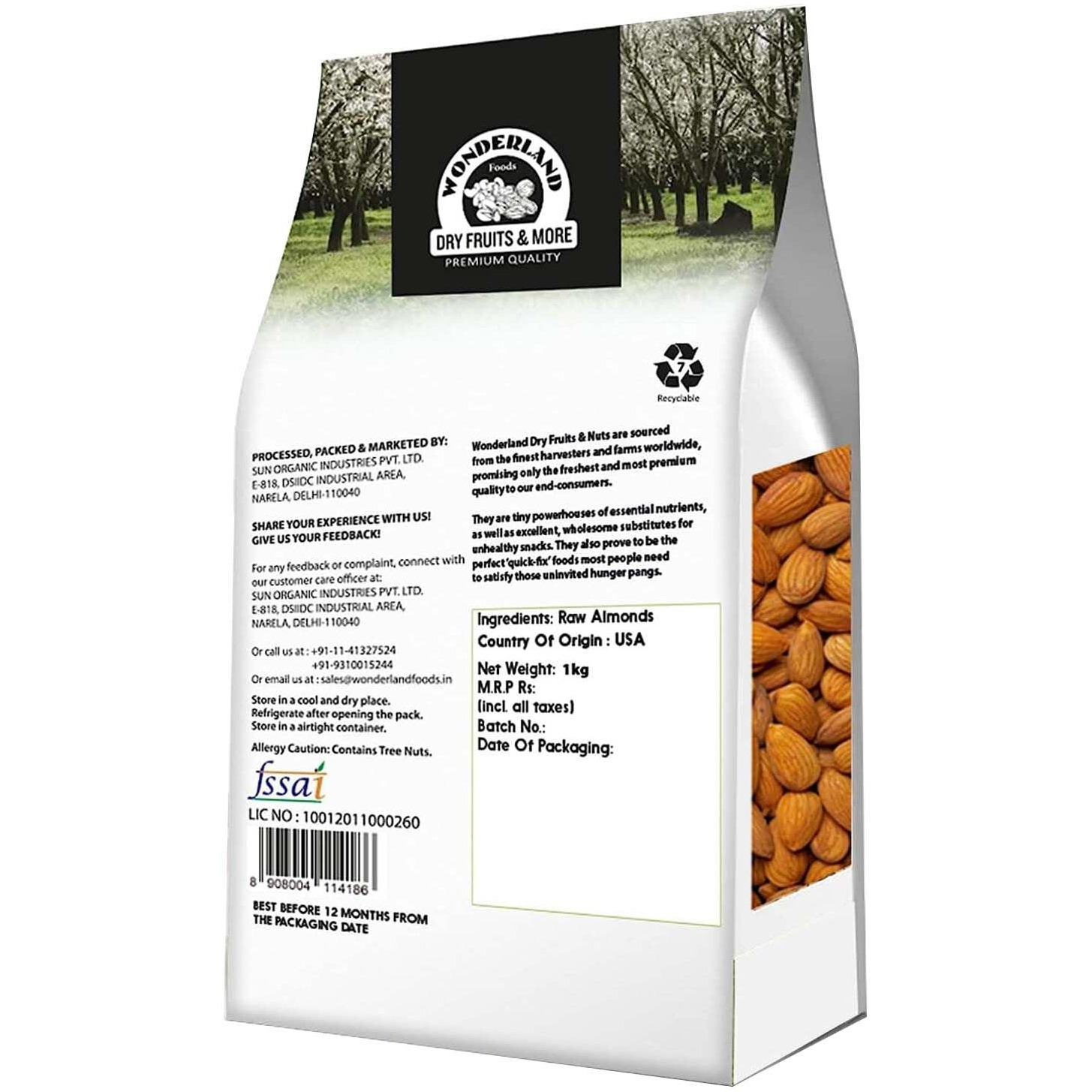 Wonderland Foods Premium Raw California Almonds 1Kg Pouch Pack | Badam Giri | Nutritious & Delicious High in Fiber & Boost Immunity | Dry Fruits Real Nuts | Gluten Free