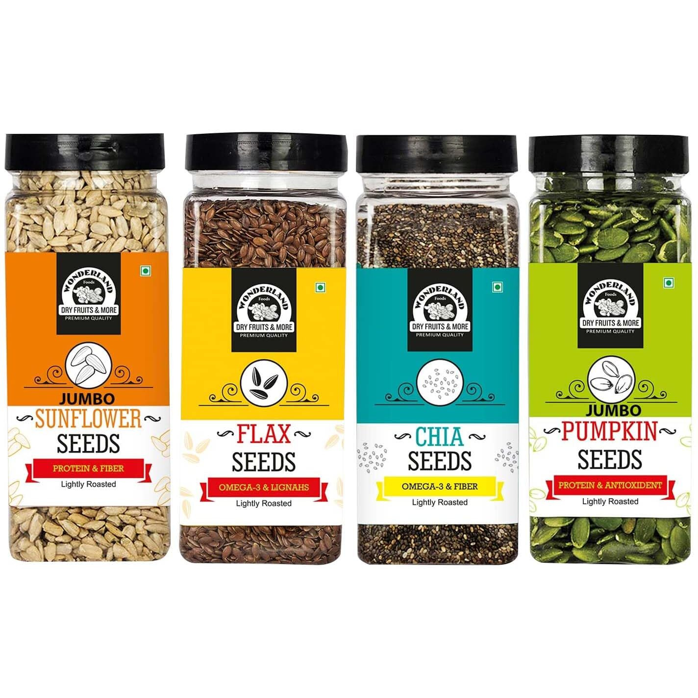 WONDERLAND FOODS Healthy & Tasty Lightly Roasted Chia, Jumbo Pumpkin, Jumbo SunFlower, Flax Seeds 800g Jar (200g X 4) Seeds Combo | Seeds For Eating | Immunity Booster Diet