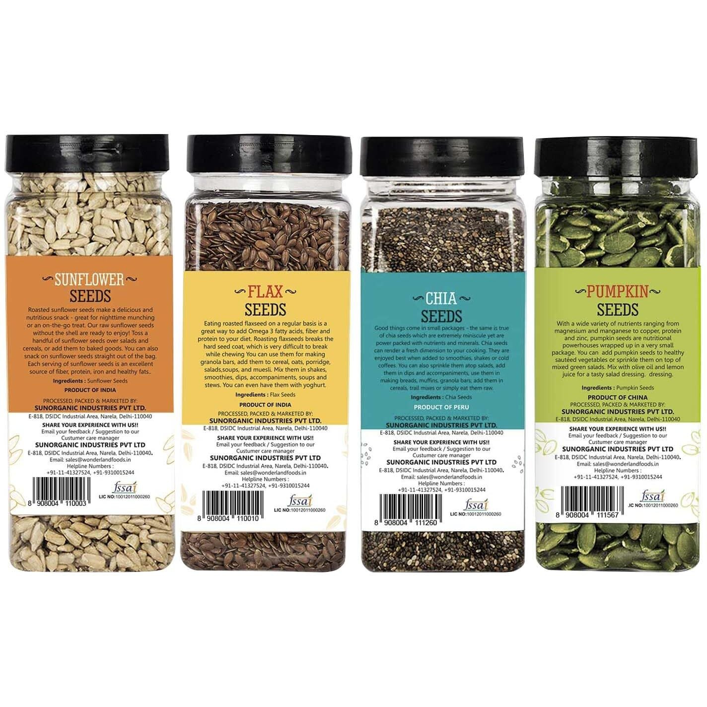 WONDERLAND FOODS Healthy & Tasty Lightly Roasted Chia, Jumbo Pumpkin, Jumbo SunFlower, Flax Seeds 800g Jar (200g X 4) Seeds Combo | Seeds For Eating | Immunity Booster Diet
