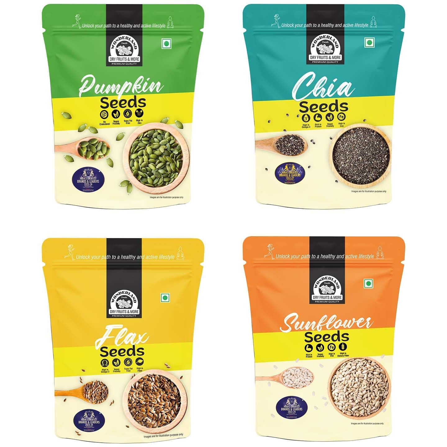WONDERLAND FOODS Healthy & Tasty Chia, Pumpkin, SunFlower, Flax Seeds 800g Pouch (200g X 4) | Seeds for Eating | Immunity Booster Diet | Protein and Rich in Fibre