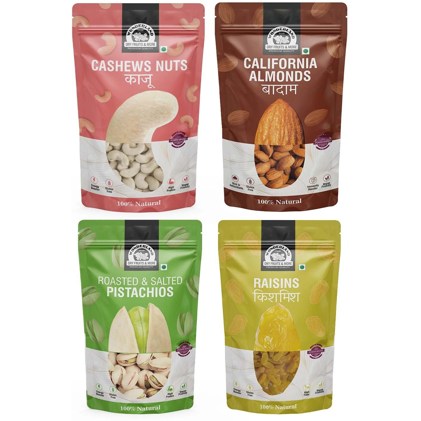 WONDERLAND FOODS Dry Fruits Combo 1Kg (250g X 4) Pouch Pack of NP Almonds, Cashews W320, Long Green Raisin, Roasted Salted Pistachio | Daily Needs Combo | Mix Dry Fruits | Mixed Dried Fruits | DNP Combo Pack