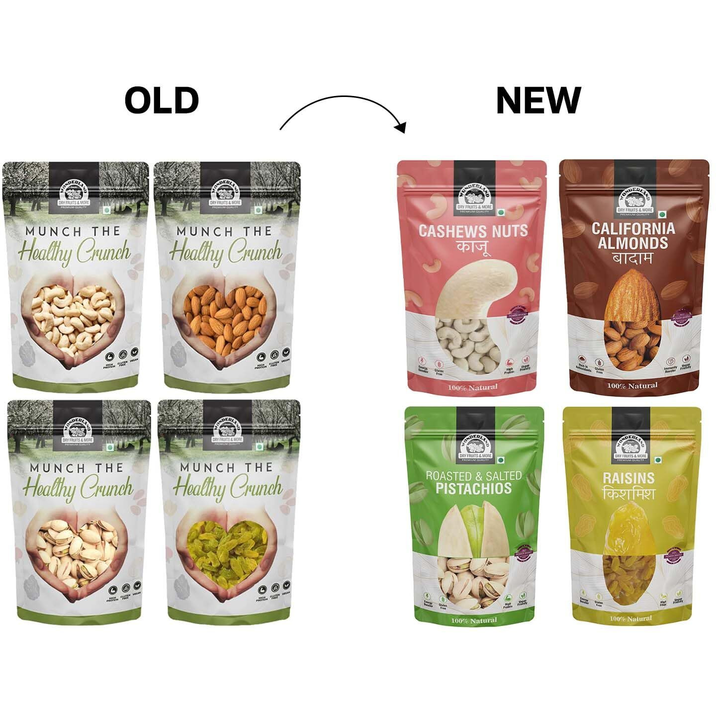 WONDERLAND FOODS Dry Fruits Combo 1Kg (250g X 4) Pouch Pack of NP Almonds, Cashews W320, Long Green Raisin, Roasted Salted Pistachio | Daily Needs Combo | Mix Dry Fruits | Mixed Dried Fruits | DNP Combo Pack