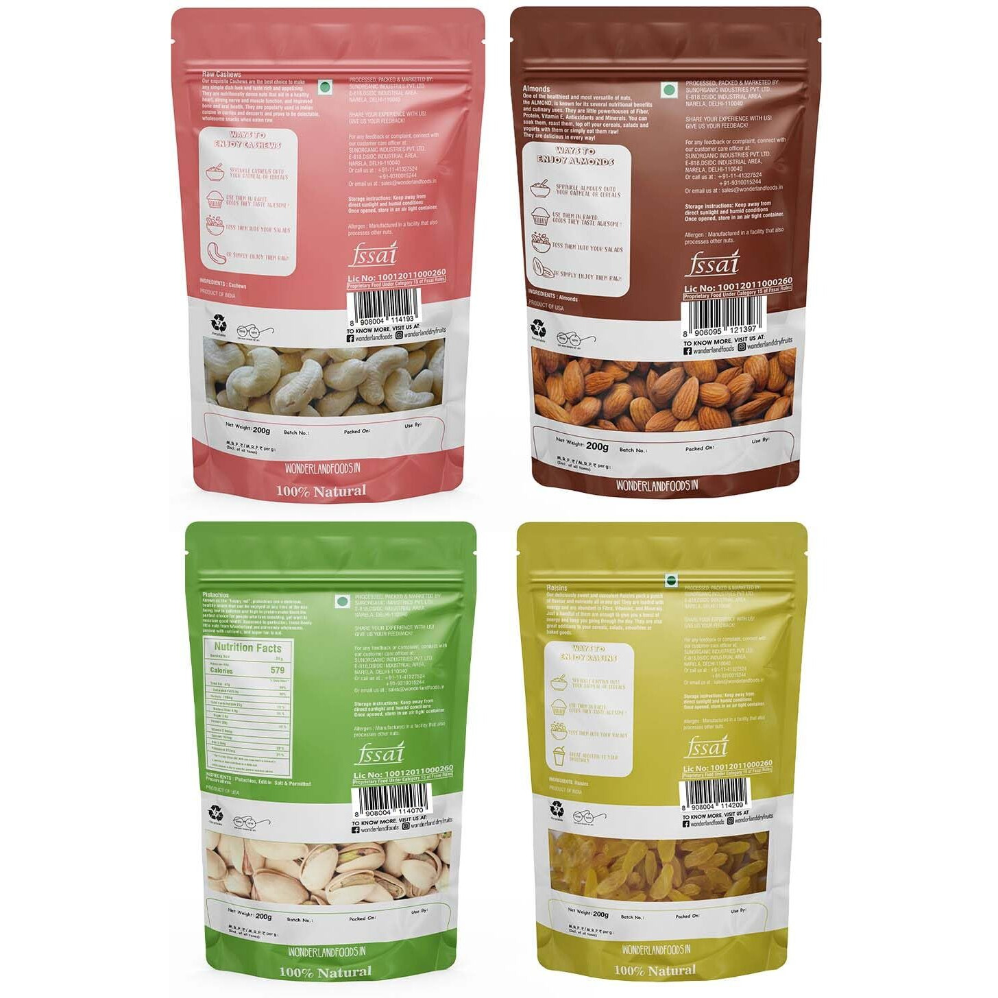 WONDERLAND FOODS Dry Fruits Combo 1Kg (250g X 4) Pouch Pack of NP Almonds, Cashews W320, Long Green Raisin, Roasted Salted Pistachio | Daily Needs Combo | Mix Dry Fruits | Mixed Dried Fruits | DNP Combo Pack