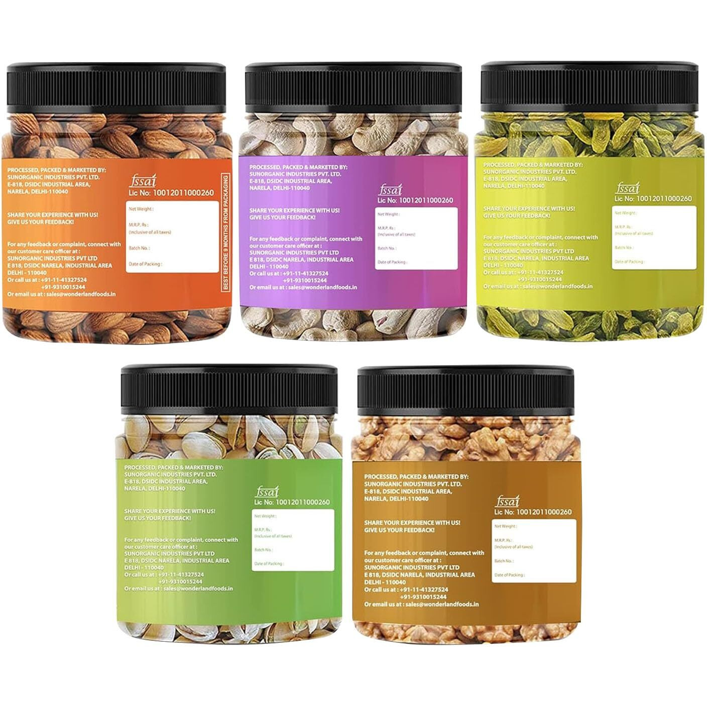 Wonderland Foods Premium Daily Needs Fresh and Healthy Mixed Dry Fruits Combo Pack of NP Almonds, Cashews W320, Long Green Raisin, Pistacho & Walnut Halves Kernels Combo Pack 1Kg Jar (200g X 5)