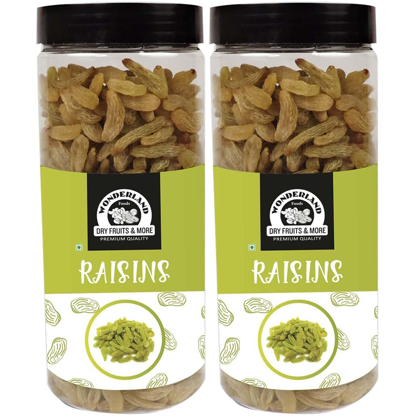 WONDERLAND FOODS Plain Seedless Green Raisin (Kishmish) Dried Grapes 1Kg (500g X 2) Jar | Nutritious | Rich in Iron & Vitamin B | Healthy Sweet Treats