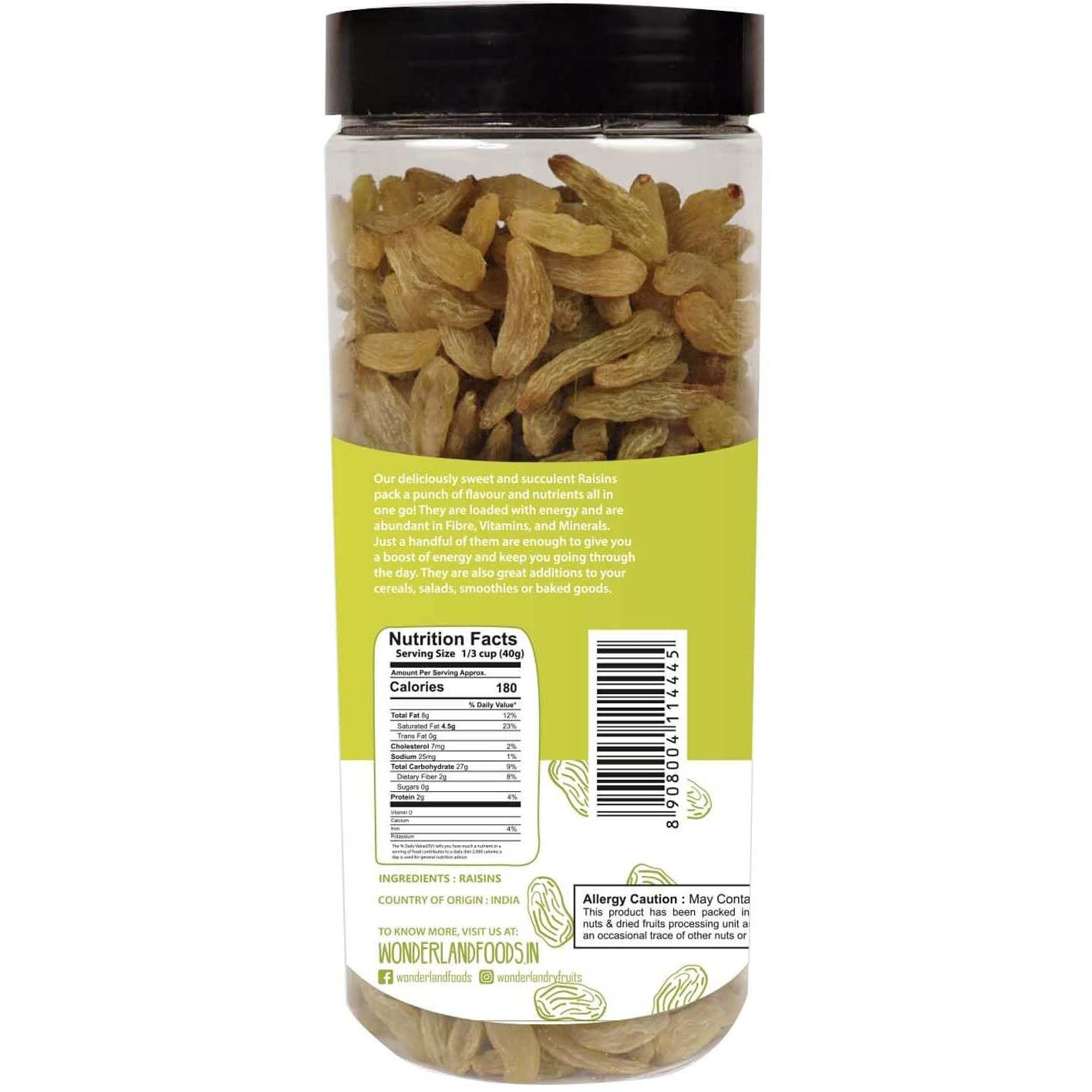 WONDERLAND FOODS Plain Seedless Green Raisin (Kishmish) Dried Grapes 1Kg (500g X 2) Jar | Nutritious | Rich in Iron & Vitamin B | Healthy Sweet Treats