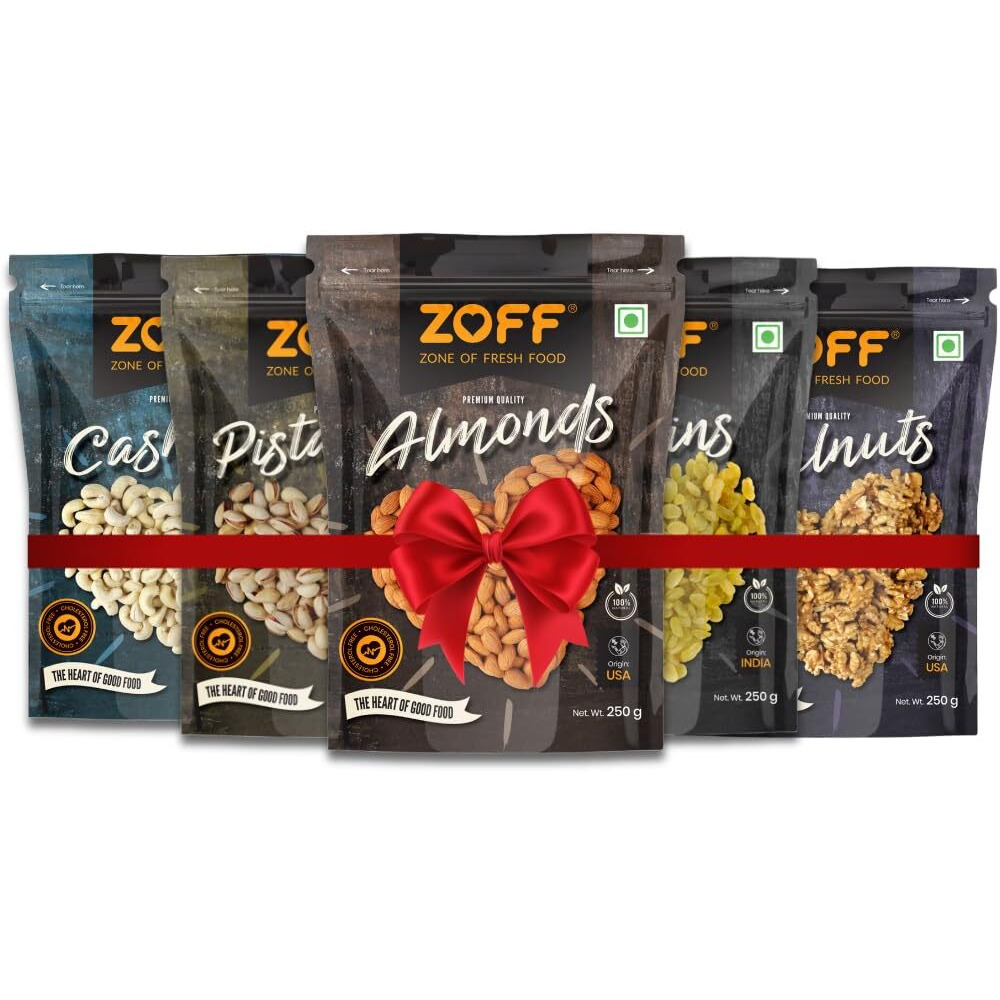 Zoff Premium Daily Needs Mixed Dry Fruits Combo - Almonds, Cashews, Raisins, Roasted Pistachios, & Walnut Halves 250g Each | Premium Zip Lock Pouch | Net weight - 1.25Kg