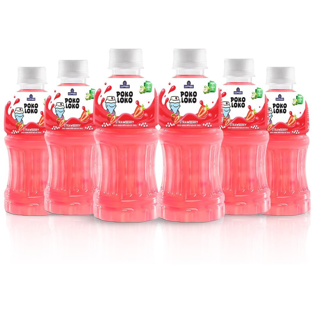 Sapphire Poko Loko Strawberry Flavoured Fruit Juice Drink with Nata De Coco | Refreshing Fruit Drink filled with Natural Fruit Fibres, 300ml (Pack of 6)