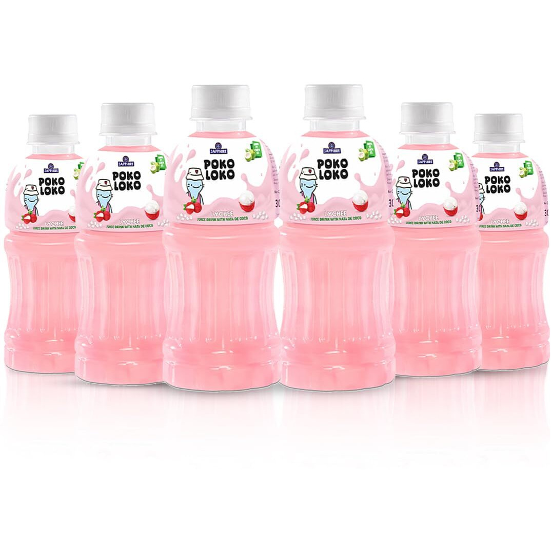 Sapphire Poko Loko Lychee Flavoured Fruit Juice Drink with Nata De Coco | Refreshing Fruit Drink filled with Natural Fruit Fibres, 300ml (Pack of 6)