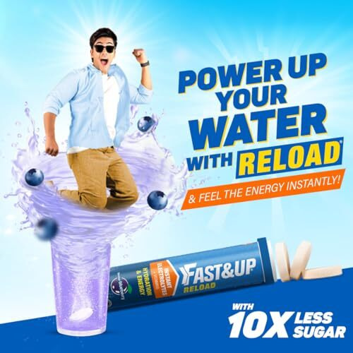 Fast&Up Reload (5 Litres) Low Sugar energy drink for Instant Hydration - 20 Effervescent Tablets with all 5 Essential Electrolytes + Added Vitamins - Certified Electrolytes Drink - Blueberry flavour