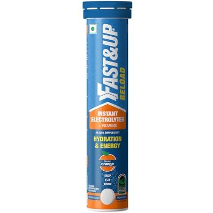 Fast&Up Reload (5 Litres) Low Sugar energy drink for Instant Hydration - 20 Effervescent Tablets with all 5 Essential Electrolytes + Added Vitamins - Certified Electrolytes Drink - Orange flavour