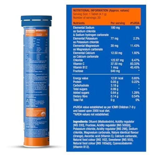Fast&Up Reload (5 Litres) Low Sugar energy drink for Instant Hydration - 20 Effervescent Tablets with all 5 Essential Electrolytes + Added Vitamins - Certified Electrolytes Drink - Orange flavour
