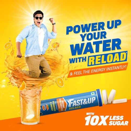 Fast&Up Reload (5 Litres) Low Sugar energy drink for Instant Hydration - 20 Effervescent Tablets with all 5 Essential Electrolytes + Added Vitamins - Certified Electrolytes Drink - Orange flavour
