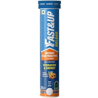 Fast&Up Reload (5 Litres) Low Sugar energy drink for Instant Hydration - 20 Effervescent Tablets with 5 Essential Electrolytes + Added Vitamins - Certified Electrolytes Drink - Peach Ice Tea flavour