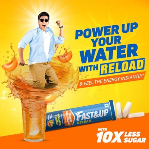 Fast&Up Reload (5 Litres) Low Sugar energy drink for Instant Hydration - 20 Effervescent Tablets with 5 Essential Electrolytes + Added Vitamins - Certified Electrolytes Drink - Peach Ice Tea flavour