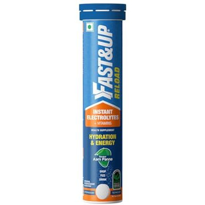 Fast&Up Reload (5 Litres) Low Sugar energy drink for Instant Hydration - 20 Effervescent Tablets with all 5 Essential Electrolytes + Added Vitamins - Certified Electrolytes Drink - Aam Panna flavour