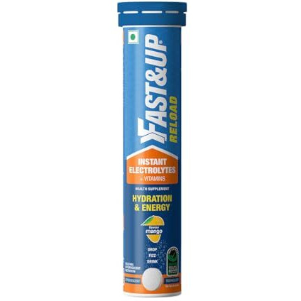 Fast&Up Reload (5 Litres) Low Sugar energy drink for Instant Hydration - 20 Effervescent Tablets with all 5 Essential Electrolytes + Added Vitamins - Certified Electrolytes Drink - Mango flavour