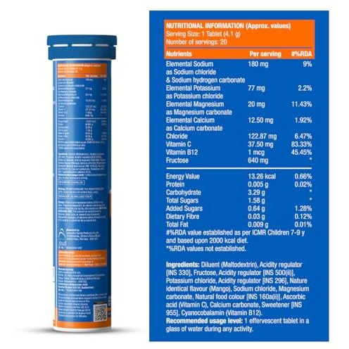 Fast&Up Reload (5 Litres) Low Sugar energy drink for Instant Hydration - 20 Effervescent Tablets with all 5 Essential Electrolytes + Added Vitamins - Certified Electrolytes Drink - Mango flavour