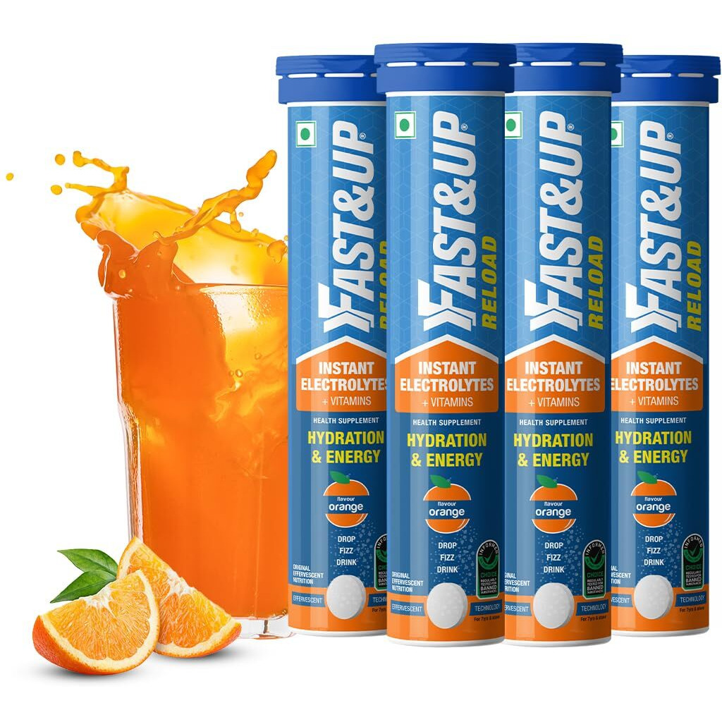 Fast&Up Reload (20 Litres) Low Sugar energy drink for Instant Hydration - 80 Effervescent Tablets with all 5 Essential Electrolytes + Added Vitamins - Certified Electrolytes Drink - Orange flavour