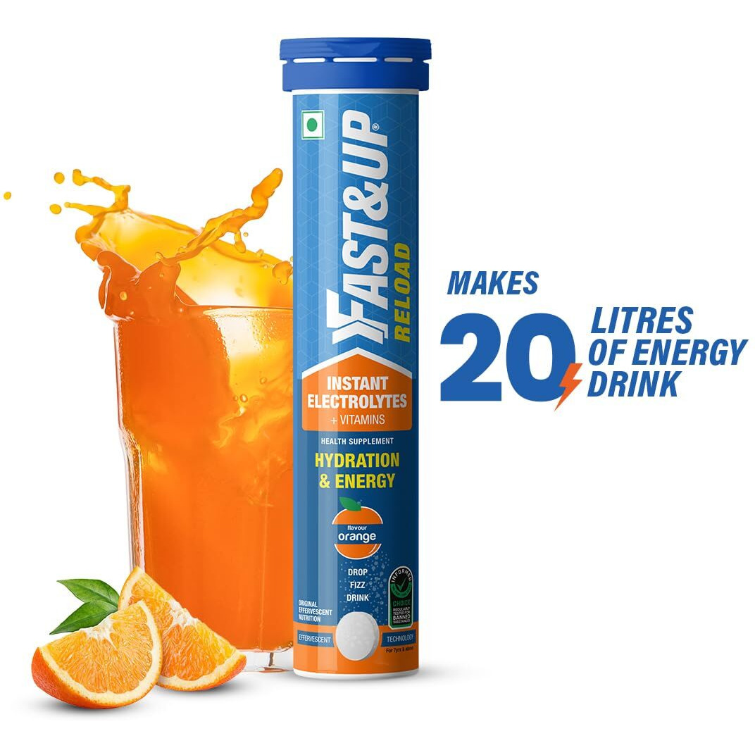 Fast&Up Reload (20 Litres) Low Sugar energy drink for Instant Hydration - 80 Effervescent Tablets with all 5 Essential Electrolytes + Added Vitamins - Certified Electrolytes Drink - Orange flavour