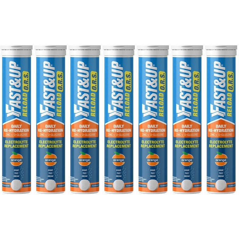 FAST&UP Reload O.R.S, Effervescent Electrolyte Tablets for Daily Rehydration, Zinc + D-Glucose,Fluid balance, Refreshing Orange Flavour - 20 Effervescent Tablets - Pack of 7, Blue