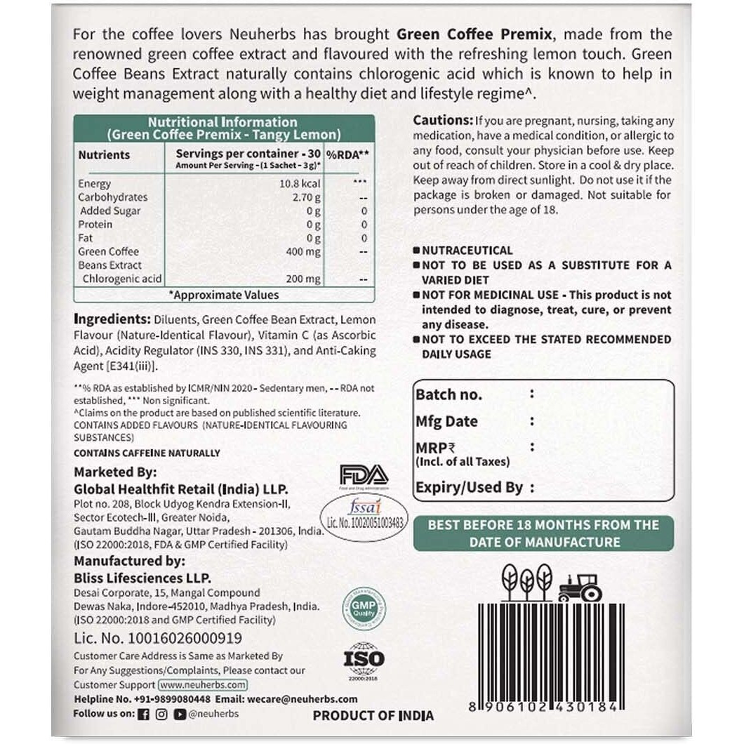 Neuherbs Green Coffee Premix | Coffee Beans Extract With Chlorogenic Acid | For Weight Loss | Easy to carry & consume 30 Sachet (Lemon Flavoured)