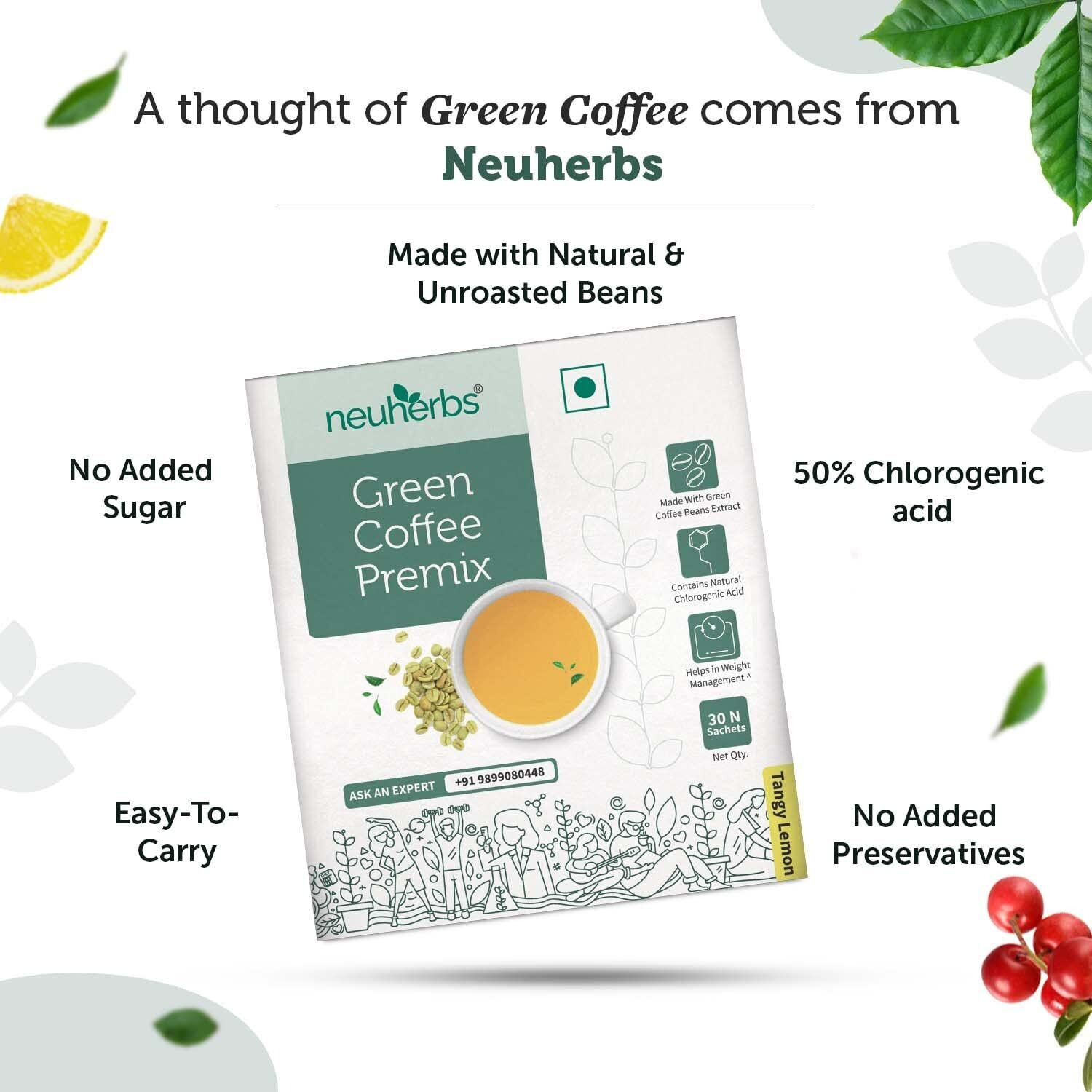 Neuherbs Green Coffee Premix | Coffee Beans Extract With Chlorogenic Acid | For Weight Loss | Easy to carry & consume 30 Sachet (Lemon Flavoured)