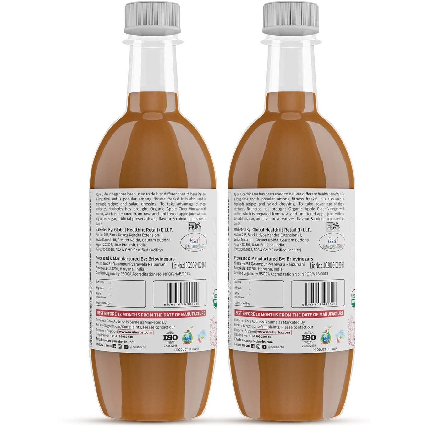 Neuherbs Certified Organic Apple Cider Vinegar with Mother for Weight Loss Management 500 ML Pack of 2