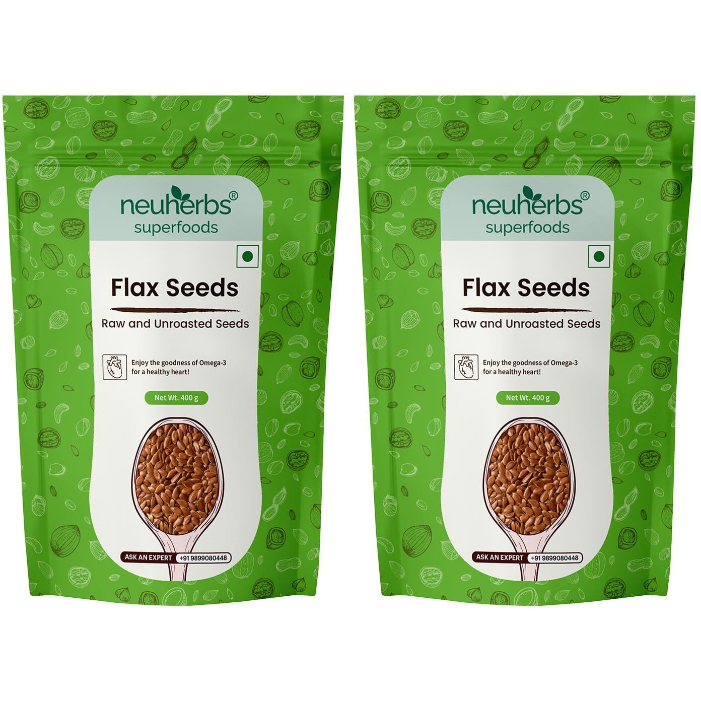 Neuherbs Raw Unroasted Flax Seeds with Fiber for Weight Management Combo Pack of 2-400G Each